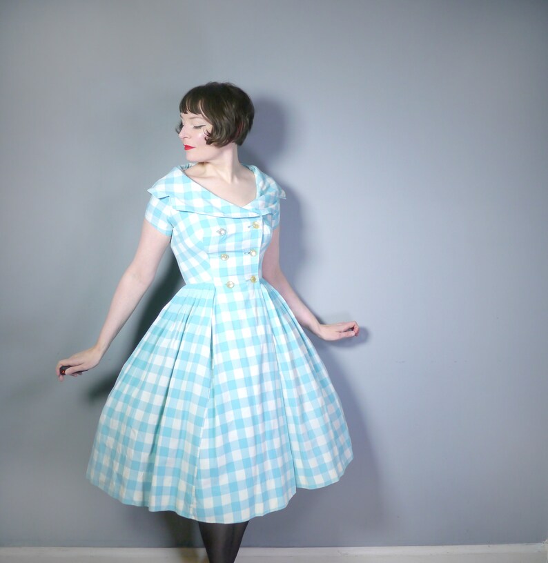 S shawl collar and full skirt 50s light BLUE WHITE check dress with double breasted front