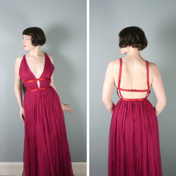 JEAN VARON dress in wine red pure SILK with Grecian plunge neck and backless design - 70s decadent vintage designer maxi gown - S / uk8-10
