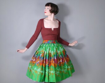 80s does 50s BRIGHT GREEN exotic LEAF print autumnal full swing skirt - 28"