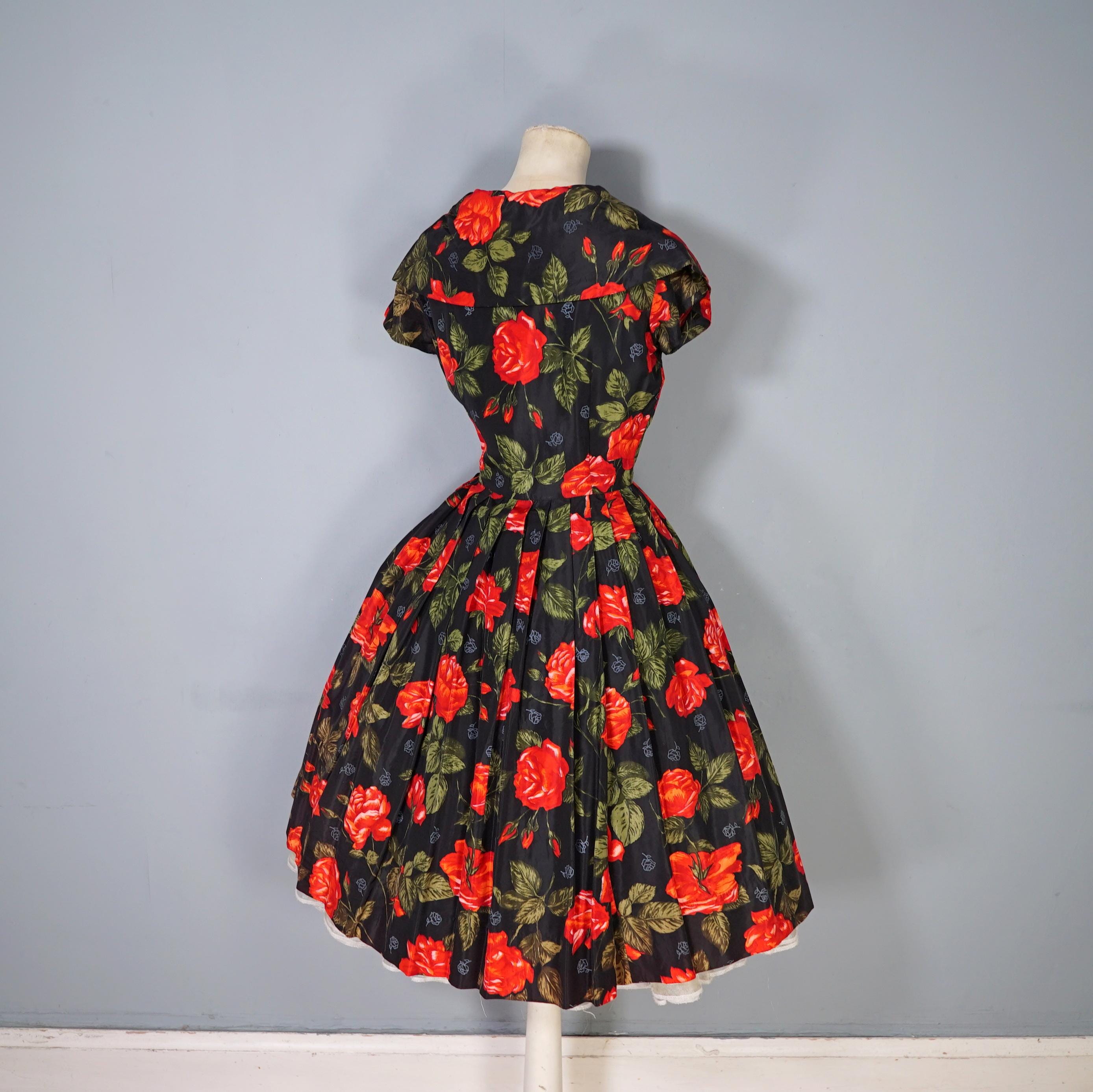 red and black floral dress 50s BLACK and Red ROSE Print FLORAL Taffeta Dress by Diana - Mid Century  Full Skirted Party Dress - Xs