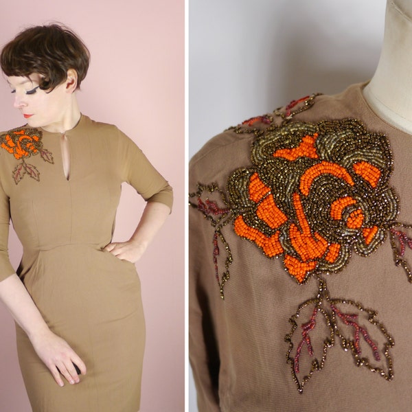 40s brown pencil dress with large BEADED bronze and orange ROSE to the shoulder - embellished femme fatale wiggle dress S