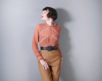 40s RUST coloured SHEER blouse with LACE bands and decorative lattice stitching - 1940s delicate shirt top - S