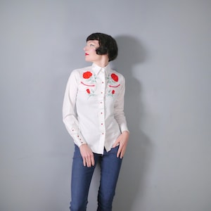PANHANDLE SLIM white and red rose floral embroidered WESTERN cowboy shirt - vintage ranchwear / westernwear - xs-s