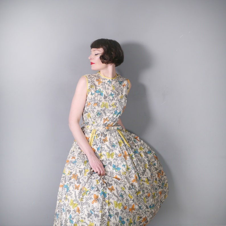 50s BUTTERFLY print dress in with RHINESTONE studs and back buttoning Mid Century NOVELTY full skirted dress S image 2