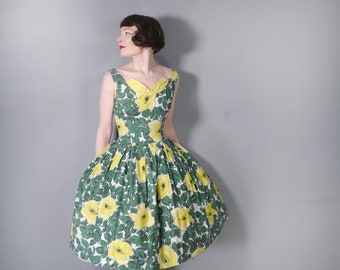 GREEN and yellow floral 50s dress by Mexicana by LINZI LINE - bright 1950s full skirted cotton dress - S