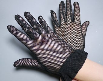 50s BLACK CROCHET net see through ladies gloves - GOTHIC vintage evening summer gloves - 61/2-7