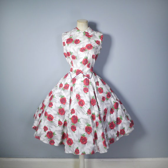 50s RED FLORAL full skirted cotton dress with ZIG… - image 5