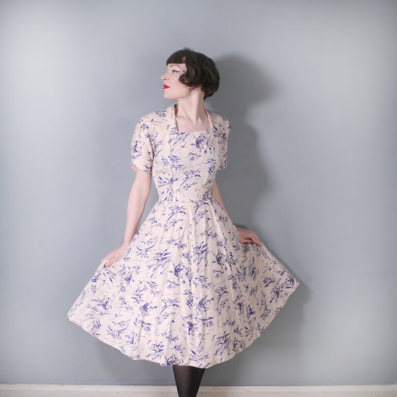 40s handmade dress in cream and navy HORSE RIDER … - image 1