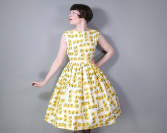 50er 60er gelb leuchtender FLORAL sommerlicher Druck Mid Century weitröckiger Baumwolle SONNE/TAG Kleid - xs