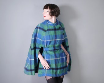 SCOTTISH Gift Shop vintage 70s wool cape in blue green Tartan / PLAID check pattern - 70s bold cloak / blanket coat - M