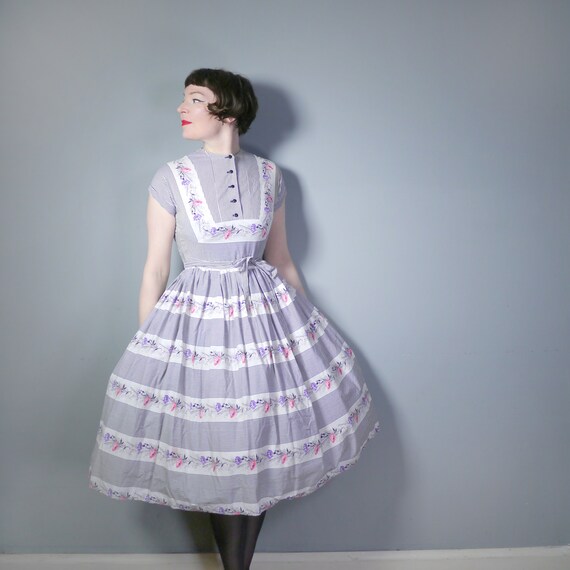 50s black and white STRIPE dress with floral band… - image 4