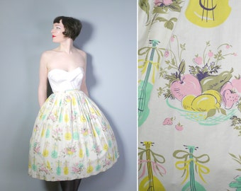 50s NOVELTY skirt in PASTEL print with BUTTERFLIES, mandolin guitars and fruit baskets  - 1950s full swing skirt - 24"