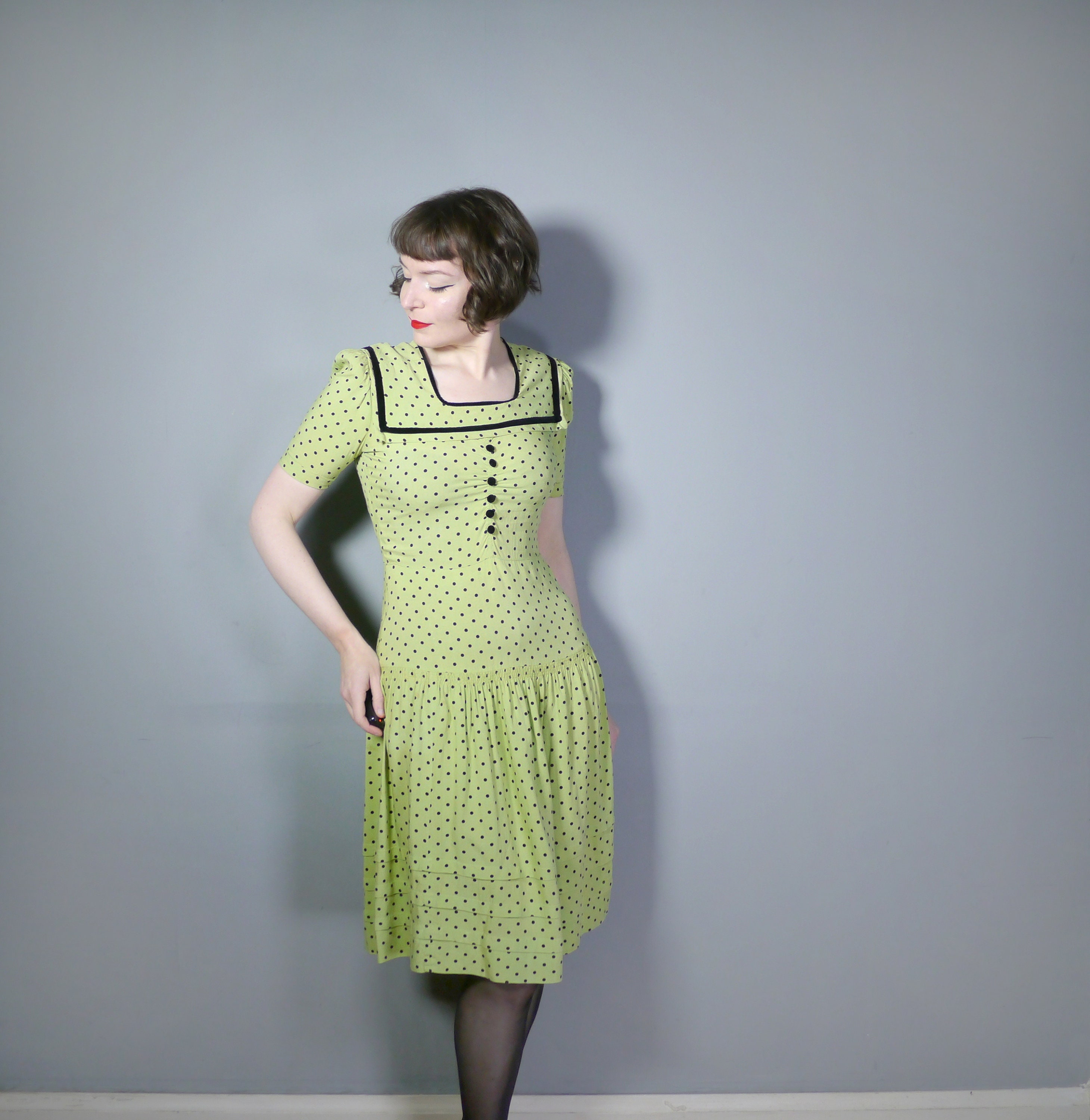 30s 40s LIME Green Dress With Black 