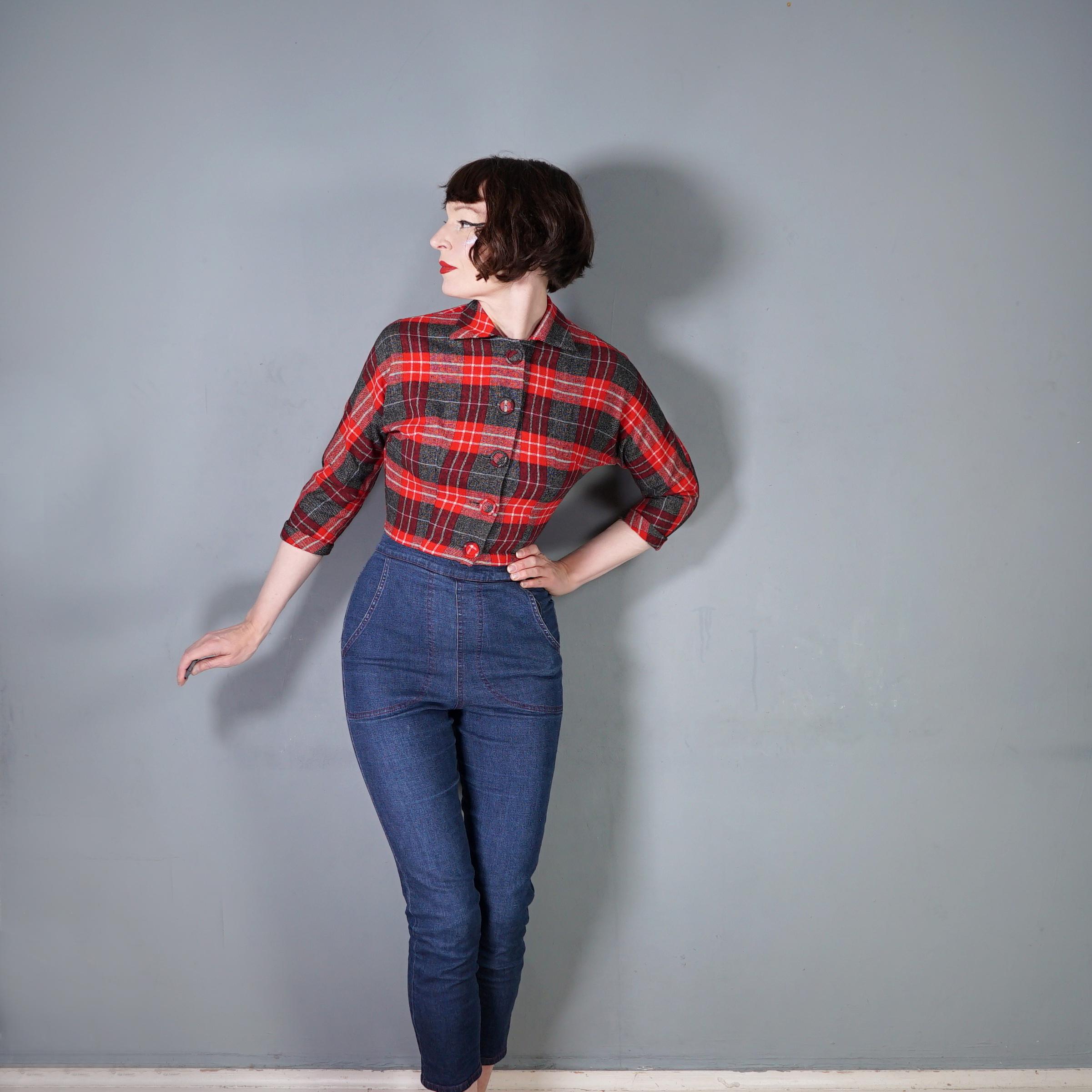 50s 1950s Preppy COLLEGIAN SPORTSWEAR Red Grey Plaid Check Cropped 