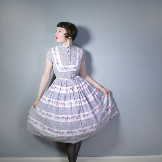 50s black and white STRIPE dress with floral band… - image 3