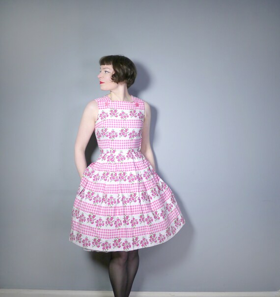 50s PINK day dress in GINGHAM check and FLORAL pri