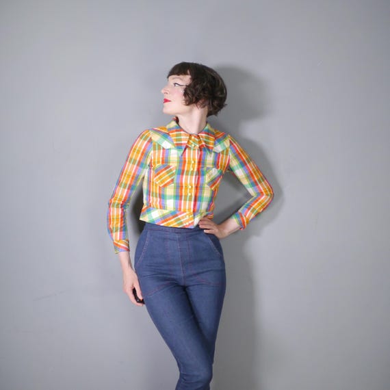 70s 1970s COLOURFUL rainbow check cropped jacket - bright pastel plaid waist jacket - xs
