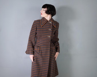 40s 1940s art deco tailored "TREWARNE" bold grey and orange STRIPE wool autumn / winter overcoat coat - S