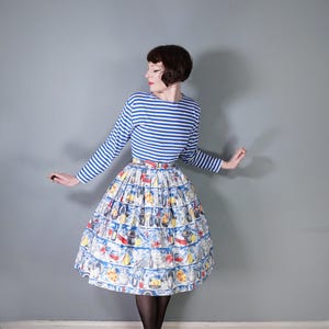 50s NOVELTY skirt with FOOD / banquet themed print - WINE bottles, fruit and vegetables,  - 1950s full swing skirt 24"