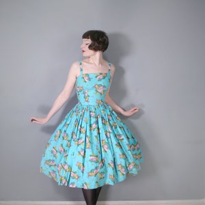 50s TURQUOISE cotton NOVELTY fruit - MELON and grapes print - summer holiday sun dress - xs