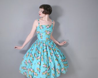 50s TURQUOISE cotton NOVELTY fruit - MELON and grapes print - summer holiday sun dress - xs