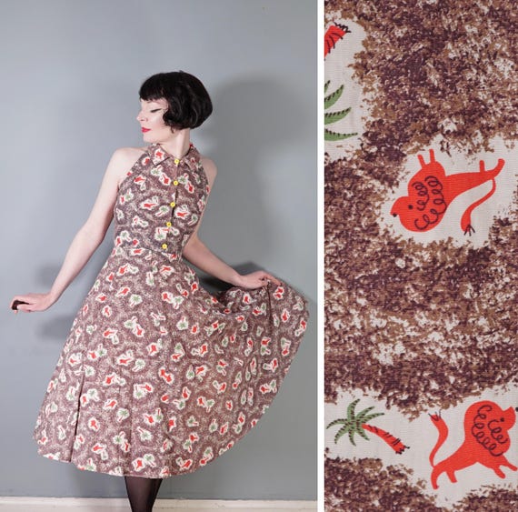 50s NOVELTY Dress With LION and Palm Tree Print - Backless HALTER Neck 1950s  Full Skirted Dress - Xs - Etsy