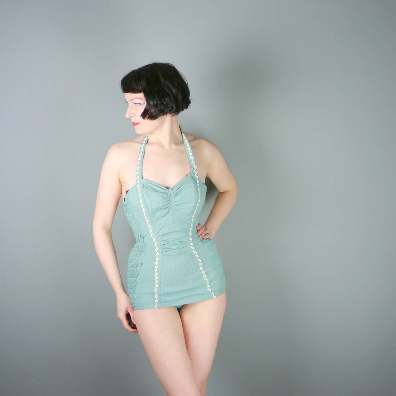 40s 50s Swimsuit in SEAFOAM Green Cotton With White SOUTACHE Embroidery  Halter Straps and Back Shirring Mid Century Pinup Bathing Suit S -   Canada
