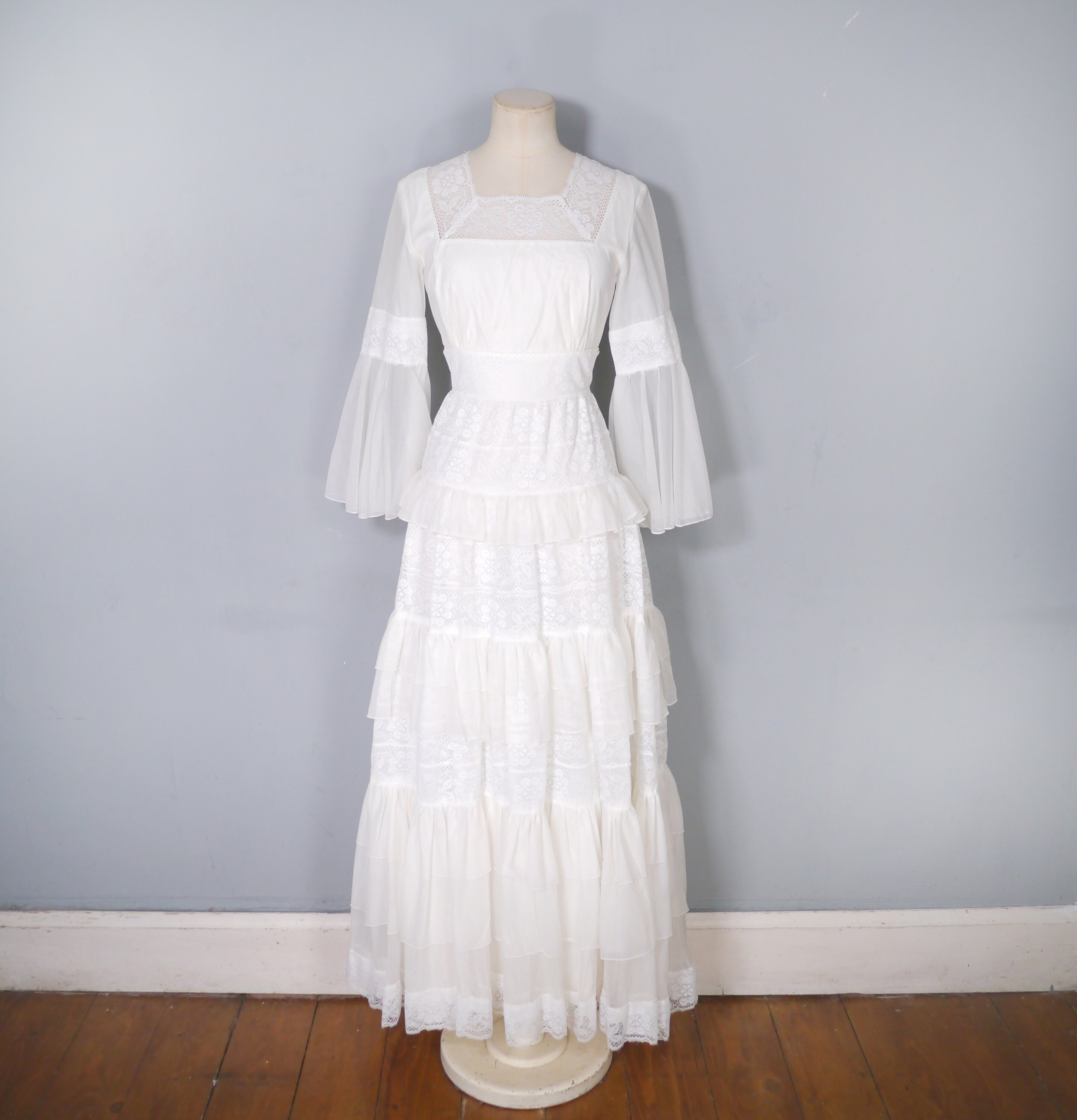 70s 1970s Romantic LACE and CHIFFON Ruffle Maxi WEDDING