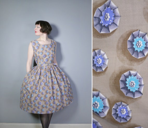 50s novelty GEM print in brown, grey, blue and tur