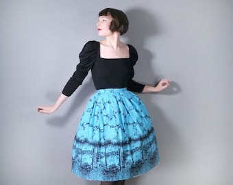 50s novelty skirt with in blue and black SCENIC VENICE gondola scene print - 1950s full swing skirt - 24-25"