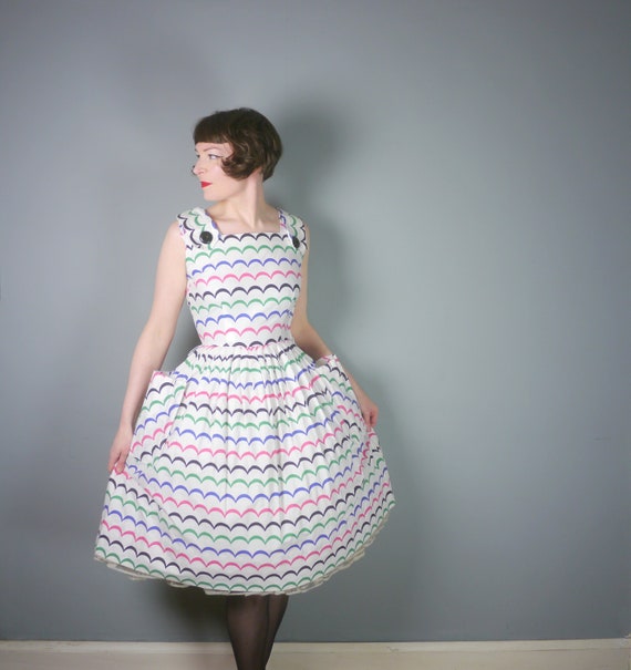 White 50s cotton SUN dress with scalloped wave pri