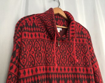 Vintage Fleece Shirt Sweatshirt  Red Gray Pullover Zip Collar Top Waist USA Women's Medium