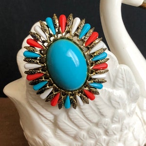 Turquoise Pin Coral Red White Gold Metal Oval Brooch Vintage Flower Bead Jewelry