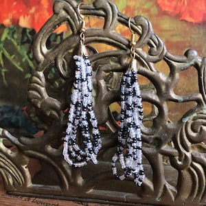 Beaded Dangly Earrings Black White Seed Bead Loop Strands Gold Metal Vintage Jewelry Tassel Style