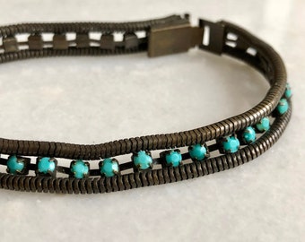 Bracelet Turquoise Rhinestone Gunmetal Gray Metal vintage Distressed Jewelry