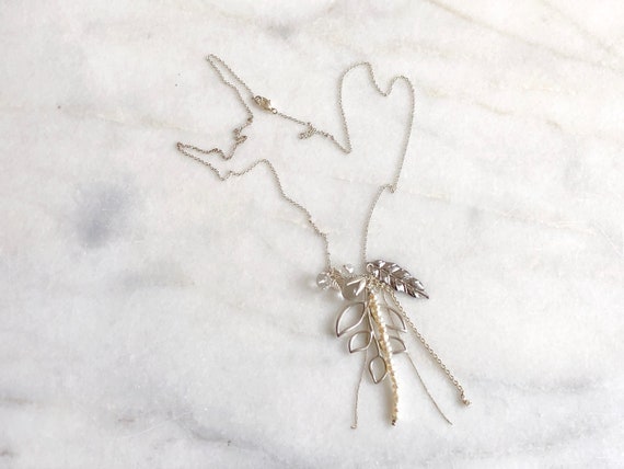 Silver Charm Necklace Long Chain Leaf Chains Vint… - image 2