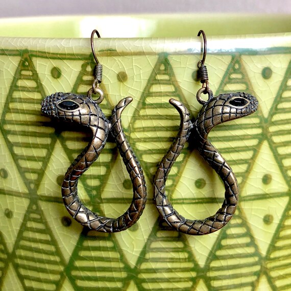 Snake Earrings Gold Black Metal Vintage Distresse… - image 3