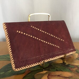 Billetera de cuero marrón Billfold vintage bolsillo tejido borde