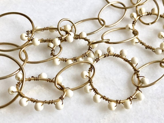 Gold Necklace White Beaded Chain Rings Multistran… - image 4