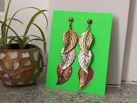 Dangly Earrings Metallic Leaf Gold Silver Bronze … - image 2