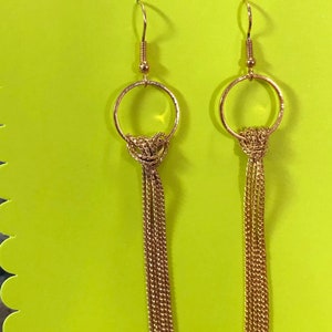 Gold Tassel Earrings Circle Ring Dangly Vintage Earrings Big Statement Jewelry