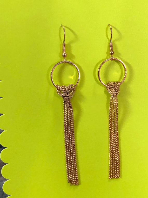 Gold Tassel Earrings Circle Ring Dangly Vintage Ea