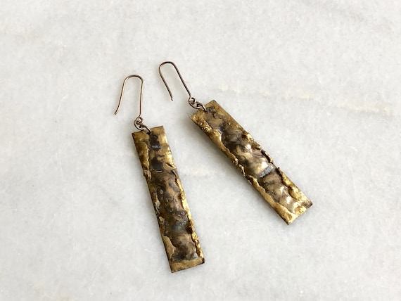 Gold Earrings Dangly Rectangular Metal Vintage Di… - image 2