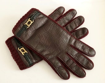 Maroon Gloves Faux Leather Burgundy Cordovan Red Brown Gold Metal Wrist Detail Vintage Distressed Women's Small or Medium