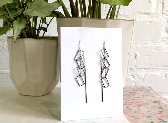 Dangly Earrings Silver Chain Rectangular Charms V… - image 1