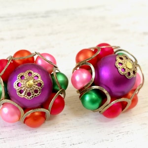Pink Earrings Round Gold Flower Metal Beaded Purple Green Red Jewel Tone Vintage Jewelry Studs