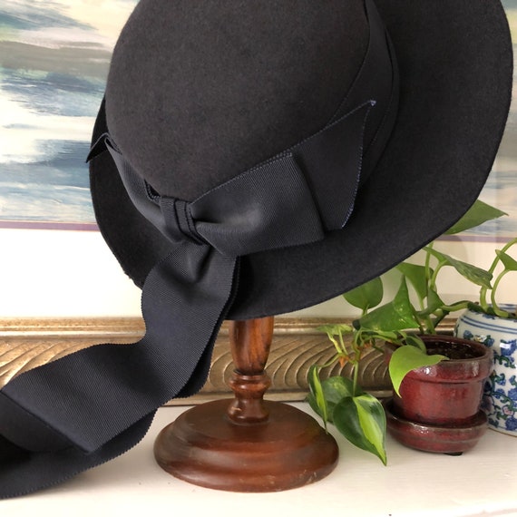 Navy Blue Hat Long Ribbons Vintage Distressed Wom… - image 4