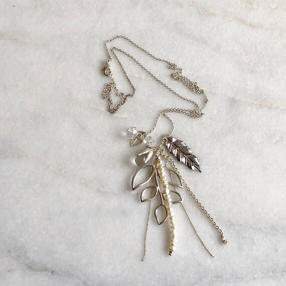 Silver Charm Necklace Long Chain Leaf Chains Vint… - image 3