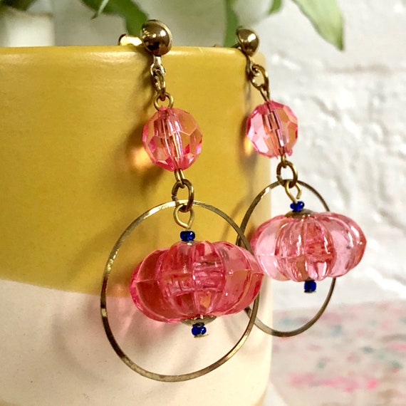 Pink Earrings Clear Plastic Tiny Blue Beads Gold … - image 3