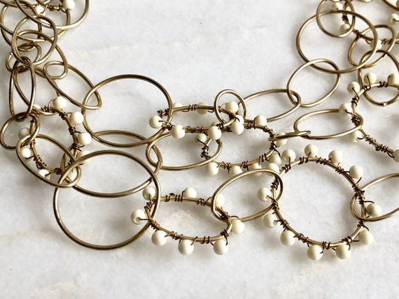 Gold Necklace White Beaded Chain Rings Multistran… - image 3